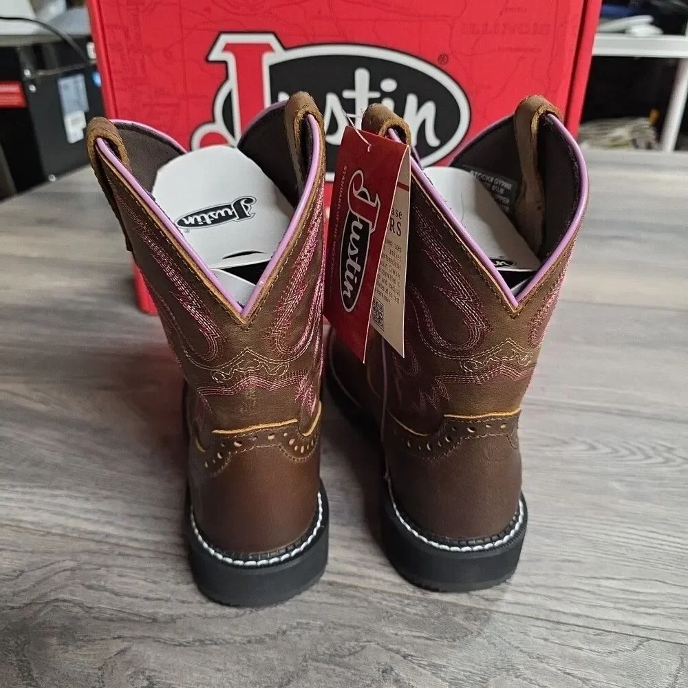 Justin Wanette Aged Bark Water Buffalo Women’s 8.5B 8” Round Steel Toe Boots NEW